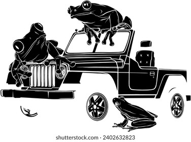 vector black silhouette of frogs on jeep car isolated white background