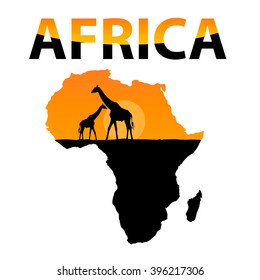 vector black silhouette of an giraffe on a map of Africa in orange black livery with the words Africa in black orange colors