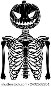 vector black silhouette of Halloween skeleton with head pumpkin