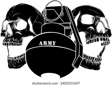 vector black silhouette of hand grenade with skulls