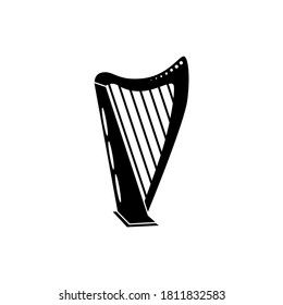 Vector black silhouette of a harp isolated on a white background.