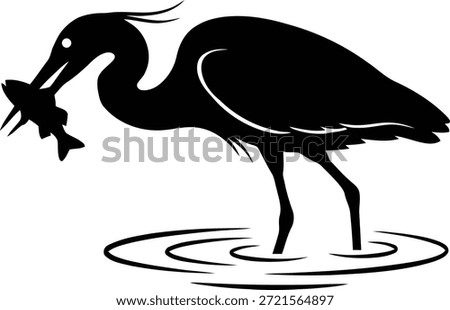 Vector black silhouette of a heron or egret bird holding a caught fish in its beak. Isolated on a white background. Hunting and feeding concept.