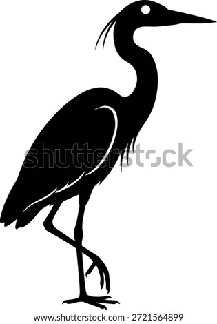 Vector black silhouette of a heron or egret standing elegantly on one leg. Isolated on a white background. Minimalist bird design.