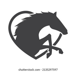 Vector black silhouette horse in heart. Isolated on white background.
