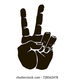 Vector black silhouette of a human hand sign victory or peace and scissors isolated on white background. Can be used for web, poster, info graphic.