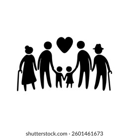 Vector Black Silhouette Icon of a Large LGBT Family Isolated on White Background