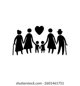 Vector Black Silhouette Icon of a Large LGBT Family Isolated on White Background