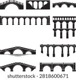 Vector black silhouette icon set featuring nine distinct architectural stone bridge and Roman aqueduct designs, including arched stone bridges, multi-tiered aqueducts, viaducts, medieval river bridges, and ancient masonry structures, isolated on a white background.
