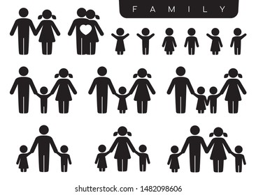 Vector black silhouette icon set family. Woman, man, partner, children, son, daughter. Isolated on white background.