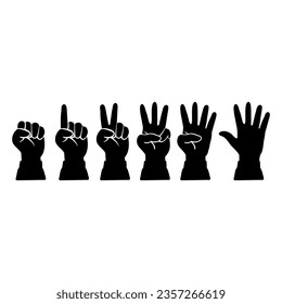 Vector Black Silhouette Icon Set of Hand Shows a Different Number of Fingers Isolated on White Background