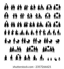 Vector Black Silhouette Icon Set of Different Family Isolated on White Background