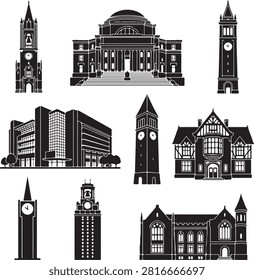 Vector black silhouette icon set featuring historic university buildings and architectural landmarks, including bell towers, clock towers, grand library dome, modern academic facility, gothic hall, and traditional tudor manor house, isolated on a white background.