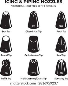 Vector black silhouette icon set featuring cake decorating icing and piping nozzles, including an open star tip (1), closed star tip 