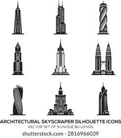 Vector black silhouette icon set featuring famous architectural skyscrapers and landmark high-rise towers, including One World Trade Center, Willis Tower, Shanghai Tower, Chrysler Building, Empire State Building, Petronas Twin Towers, Evolution Tower, Palace of Culture and Science, and Burj Al Arab, isolated on a white background.