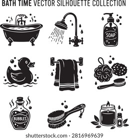 Vector black silhouette icon set featuring bath time and self-care spa essentials, including a clawfoot bathtub with suds, running shower head with water droplets, liquid soap dispenser, rubber duck, hanging bath towel on a rack, bath loofah mesh pouf with sea sponge and body brush, bubble bath bottle, wooden body scrub brush, and an aromatherapy scented candle with essential oil bottle, isolated on a white background.