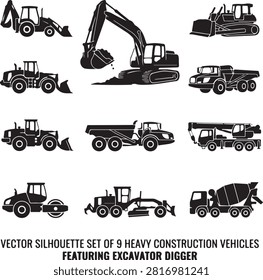 Vector black silhouette icon set featuring heavy construction vehicles and machinery, including a backhoe loader, excavator digger, crawler bulldozer, wheel loader, heavy articulated dump truck, mobile crane truck, road roller compactor, motor grader, and a concrete cement mixer truck, isolated on a white background.