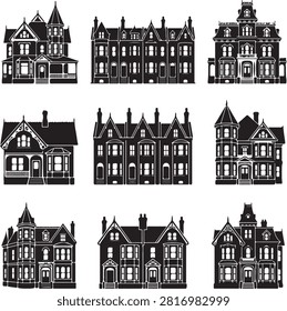 Vector black silhouette icon set featuring historic Victorian houses and vintage residential architecture, including grand Victorian mansions with corner towers, detailed row houses with gable roofs, Edwardian estates, classic suburban houses, and multi-story historic manors, isolated on a white background.