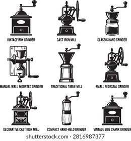 Vector black silhouette icon set featuring vintage manual coffee grinders and antique mills, including a vintage box grinder, cast iron mill with wheel, classic glass jar hand grinder, manual wall-mounted 