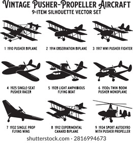 Vector black silhouette icon set featuring vintage pusher-propeller aircraft and early aviation designs, including a 1910 pusher biplane, 1914 observation biplane, 