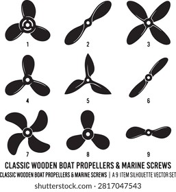 Vector black silhouette icon set featuring classic wooden boat propellers and marine screws, including 3-blade boat propellers, 2-blade vintage wooden marine screws, 4-blade ship propellers, curved blade boat impellers, and traditional nautical propulsion screws, isolated on a white background.