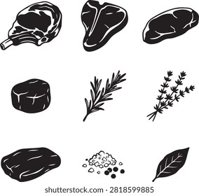 Vector black silhouette icon set featuring nine distinct raw gourmet meat cuts and culinary herbs, including tomahawk ribeye steak, t-bone steak, sirloin roast, tenderloin filet mignon, rosemary sprig, thyme bunch, beef brisket, sea salt with peppercorns, and bay leaf, isolated on a white background.

