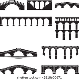 Vector black silhouette icon set featuring nine distinct architectural stone bridge and Roman aqueduct designs, including arched stone bridges, multi-tiered aqueducts, viaducts, medieval river bridges, and ancient masonry structures, isolated on a white background.

