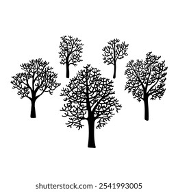 Vector Black Silhouette Illustration of Bare Branches Winter Tree Isolated on White Background