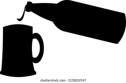 Vector black silhouette illustration of a bottle pouring liquid into a beer mug