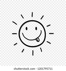 Vector black silhouette illustration of cute hand drawn smiling sun with tongue out icon isolated on transparent background.