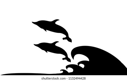 Vector black silhouette illustration of dolphins pair playing and jumping on ocean waves icon isolated on white background. 