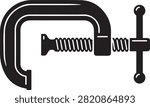 Vector black silhouette illustration featuring a heavy-duty woodworking C-clamp G-clamp tool, showing threaded screw rod, swivel pad, rigid frame, and sliding T-handle lever, isolated on a white background.
