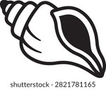 Vector black silhouette illustration featuring a spiral marine conch seashell gastropod shell, showing whorled spire ridges and large aperture opening, isolated on a white background.
