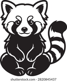Ilustración de silueta negra de Vector con un lindo mapache de firefox panda rojo sentado con cola anillada a rayas, marcas faciales y ojos amigables, aislado sobre un fondo blanco.
