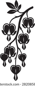 Vector black silhouette illustration featuring a hanging Bleeding Heart Dicentra spectabilis flower arch branch, showing heart-shaped drooping blooms, inner drops, and botanical leaves, isolated on a white background.
