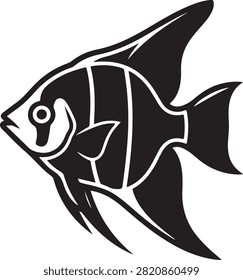 Vector black silhouette illustration featuring a freshwater Angelfish Pterophyllum with triangular body shape, long dorsal and anal fins, striped patterns, and delicate pelvic fins, isolated on a white background.
