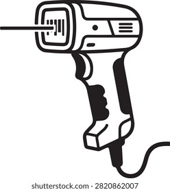 Vector black silhouette illustration featuring a handheld barcode laser scanner reader gun emitting a scanning beam at a barcode, showing ergonomic grip handle, trigger, and connecting cable, isolated on a white background.
