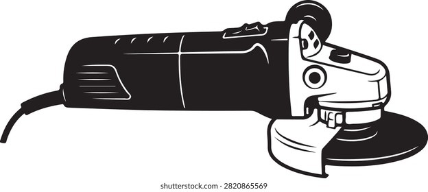 Vector black silhouette illustration featuring a portable electric angle grinder power tool, showing abrasive cutting disc wheel, safety guard shield, power switch, gear housing, and power cord, isolated on a white background.
