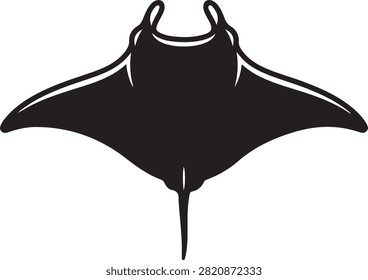 Vector black silhouette illustration featuring a giant Manta ray stingray swimming, showing large triangular pectoral fins, horn-like cephalic fins, and slender tail, isolated on a white background.
