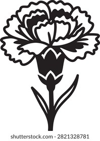Vector black silhouette illustration featuring a blooming Carnation Dianthus flower head, showing ruffed serrated petals, calyx cup, floral stem, and narrow leaves, isolated on a white background.
