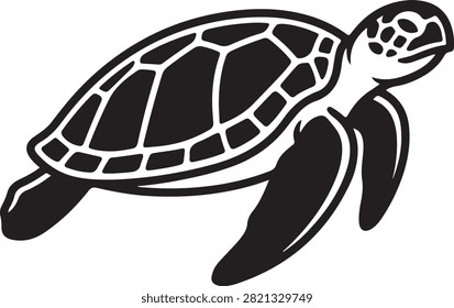 Vector black silhouette illustration featuring a swimming sea turtle, showing patterned carapace shell, large front flippers, hind flippers, and raised head profile, isolated on a white background.
