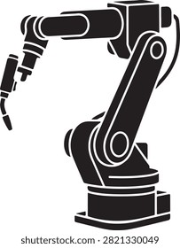 Vector black silhouette illustration featuring an industrial articulated robotic arm manipulator with a welding torch end-effector, showing multi-axis joints, base mount, and cable housing, isolated on a white background.
