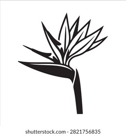 Vector black silhouette illustration featuring an exotic Bird of Paradise Strelitzia reginae flower, showing pointed crane-like spathe sheath, fan-like blooming petals, and sturdy stem, isolated on a white background.
