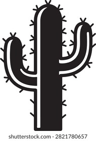 Vector black silhouette illustration featuring a desert Saguaro cactus Carnegiea gigantea, showing central tall trunk, upward curving side arms, and protective spine needles, isolated on a white background.
