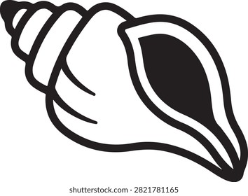 Vector black silhouette illustration featuring a spiral marine conch seashell gastropod shell, showing whorled spire ridges and large aperture opening, isolated on a white background.
