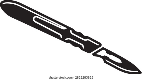 Vector black silhouette illustration featuring a surgical scalpel medical knife with sharp replaceable blade, ergonomic grip handle, and blade fitment slot, isolated on a white background.
