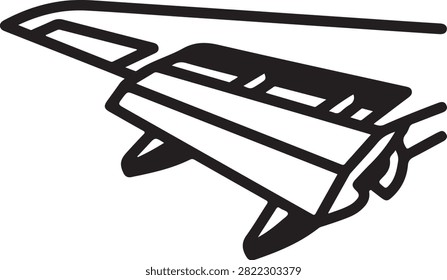 Vector black silhouette illustration featuring an airplane wing structural assembly with engine mounting pylon, trailing edge flap, and winglet structure, isolated on a white background.
