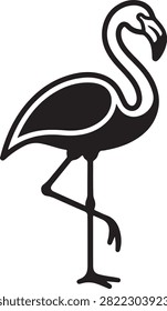 Vector black silhouette illustration featuring a graceful wading flamingo Phoenicopterus standing on one leg, showing hooked beak, long slender neck, and webbed foot, isolated on a white background.
