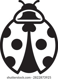Vector black silhouette illustration featuring a spotted ladybug ladybird beetle Coccinellidae showing round wing covers with black spots, head antennae, and legs, isolated on a white background.
