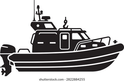 Vector black silhouette illustration featuring a motorized coast guard patrol boat vessel with cabin wheelhouse, navigation radar antenna, safety guardrails, and outboard motor engine, isolated on a white background.
