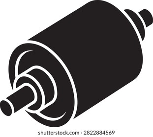 Vector black silhouette illustration featuring an electric motor rotor armature shaft core with copper winding drum casing and end bearing shafts, isolated on a white background.
